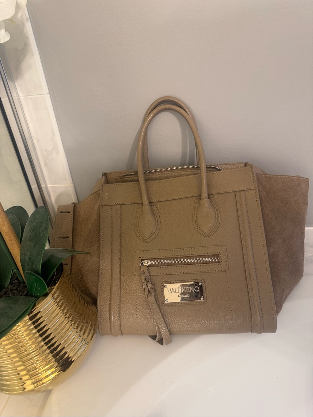 Valentino Taupe Satchel with Suede Sides